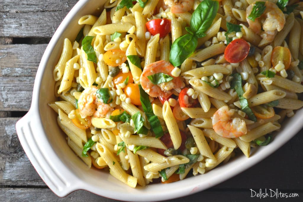 Roasted Shrimp and Sweet Corn Pasta Salad | Delish D'Lites